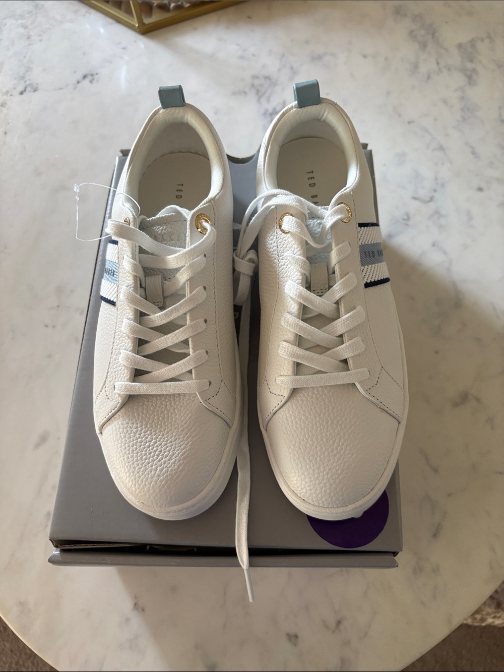 Ted Baker White Leather Sneakers with Blue Stripe Accents
